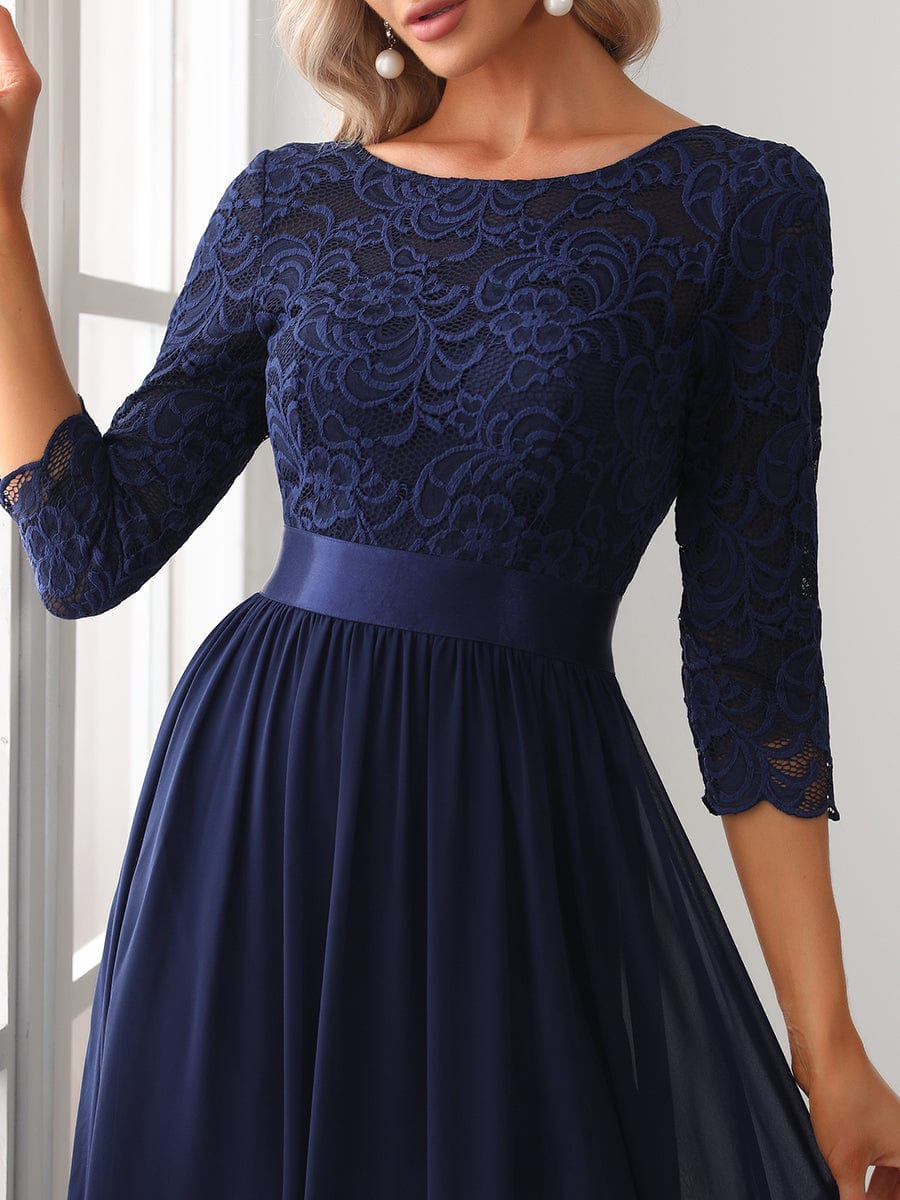 Elegant Round Neck A Line See-Through Lace Evening Dress #color_Navy Blue