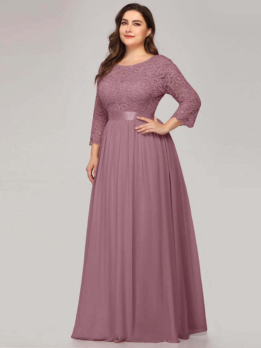 Plus Size See-Through Floor Length Lace Bridesmaid Dress With Half Sleeve #color_Purple Orchid