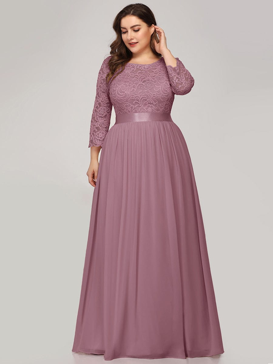 Plus Size See-Through Floor Length Lace Bridesmaid Dress With Half Sleeve #color_Purple Orchid