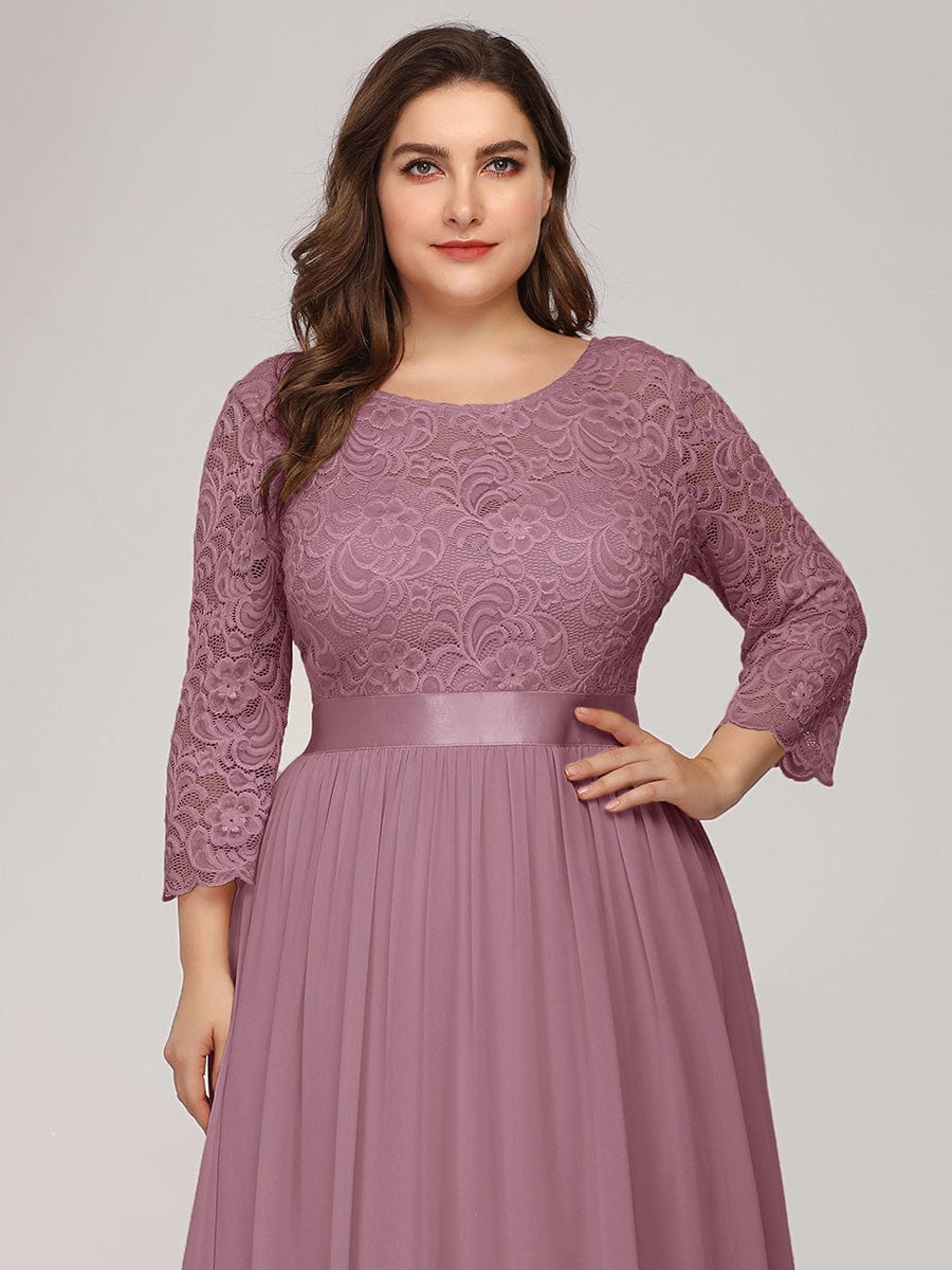 Plus Size See-Through Floor Length Lace Bridesmaid Dress With Half Sleeve #color_Purple Orchid