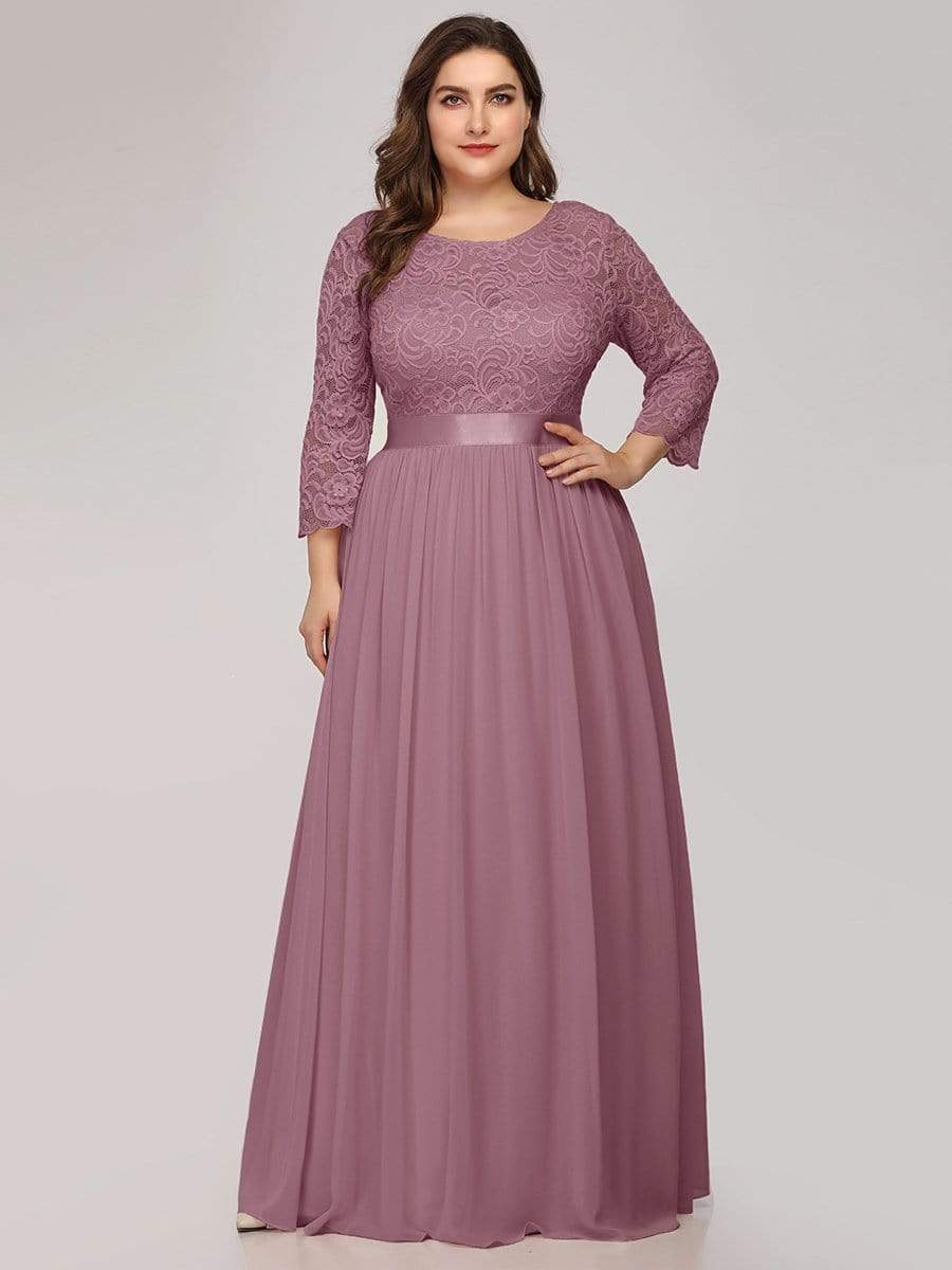 Elegant Round Neck A Line See-Through Lace Evening Dress #color_Purple Orchid