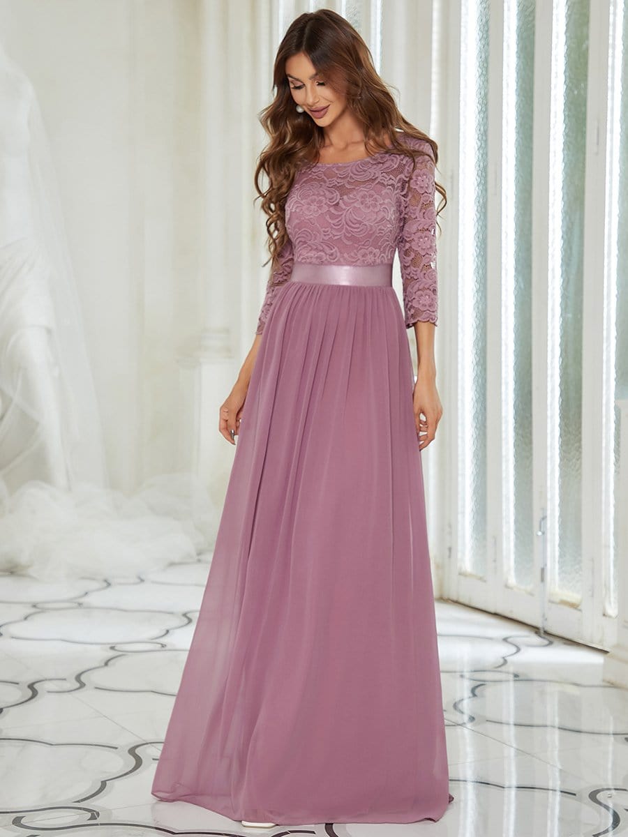 Elegant Round Neck A Line See-Through Lace Evening Dress #color_Purple Orchid