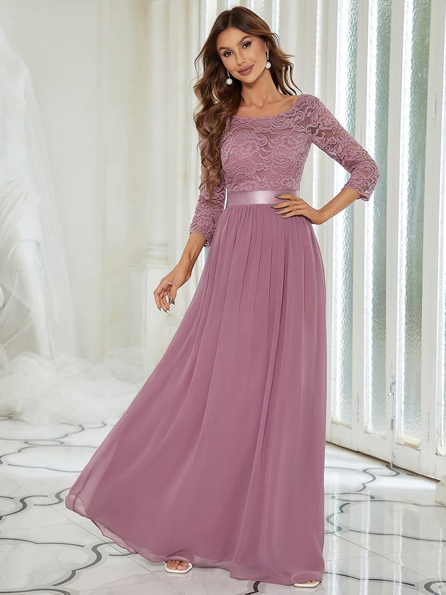 Elegant Round Neck A Line See-Through Lace Evening Dress #color_Purple Orchid