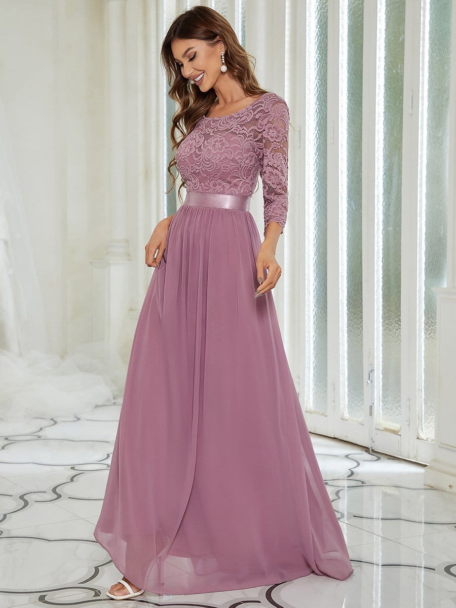 Elegant Round Neck A Line See-Through Lace Evening Dress #color_Purple Orchid