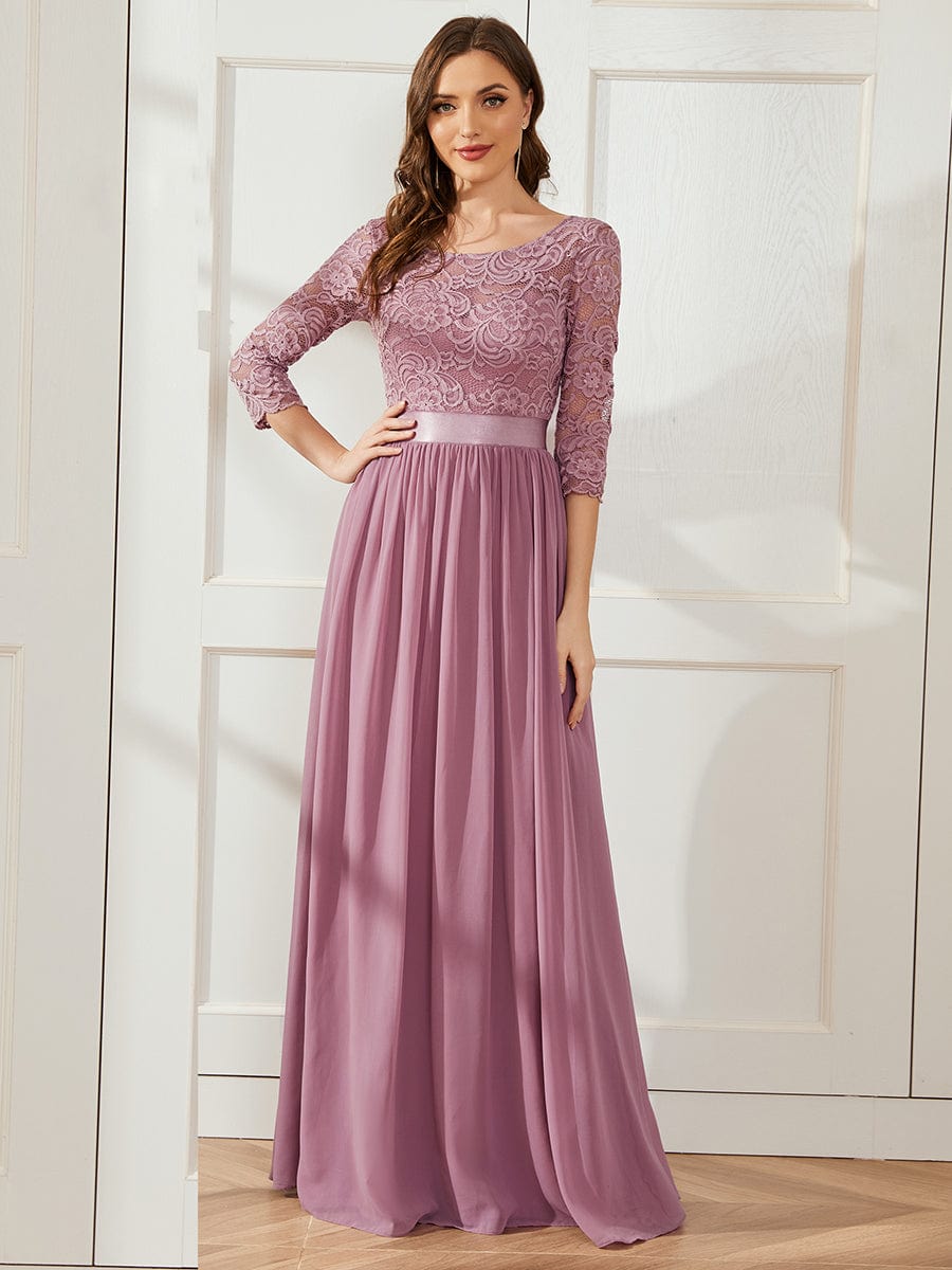 Elegant Round Neck A Line See-Through Lace Evening Dress #color_Purple Orchid