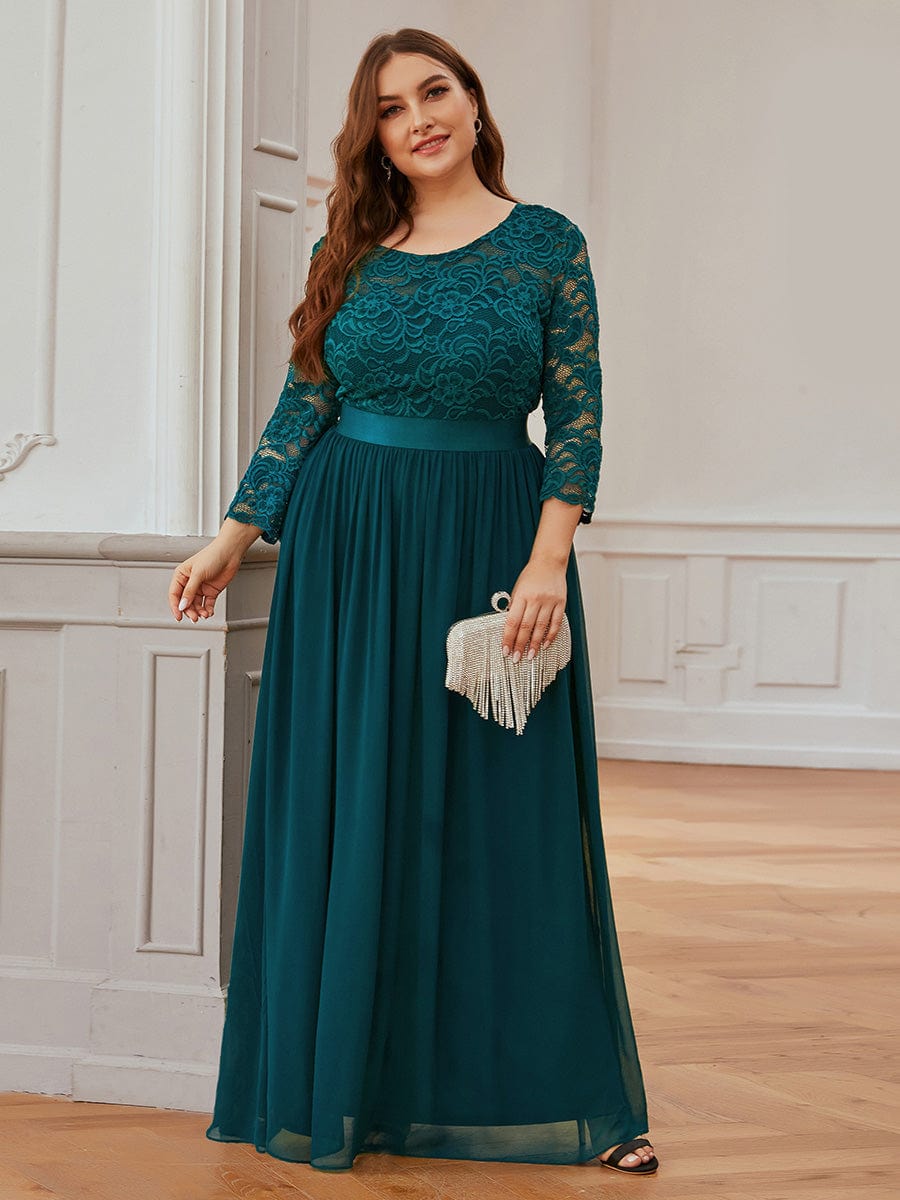 Plus Size See-Through Floor Length Lace Bridesmaid Dress With Half Sleeve #color_Teal