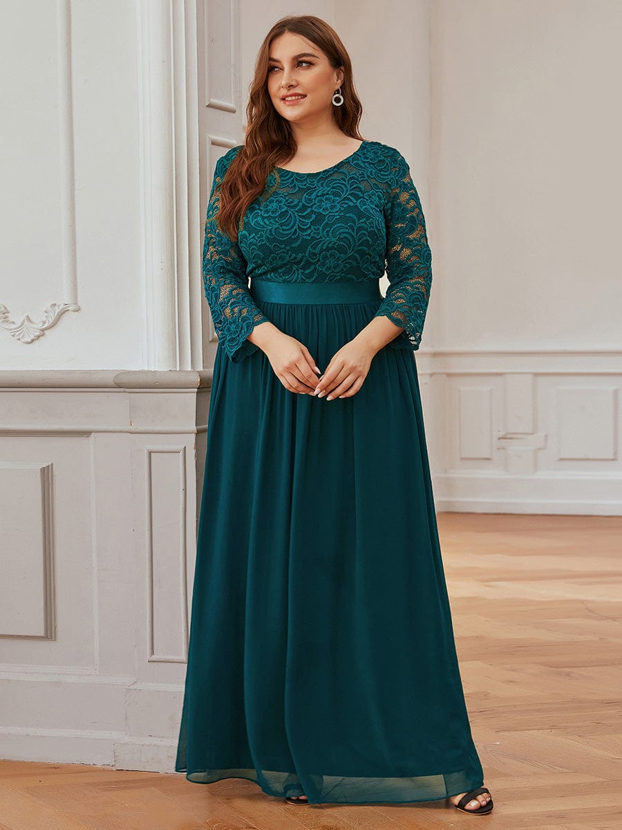 Plus Size See-Through Floor Length Lace Bridesmaid Dress With Half Sleeve #color_Teal