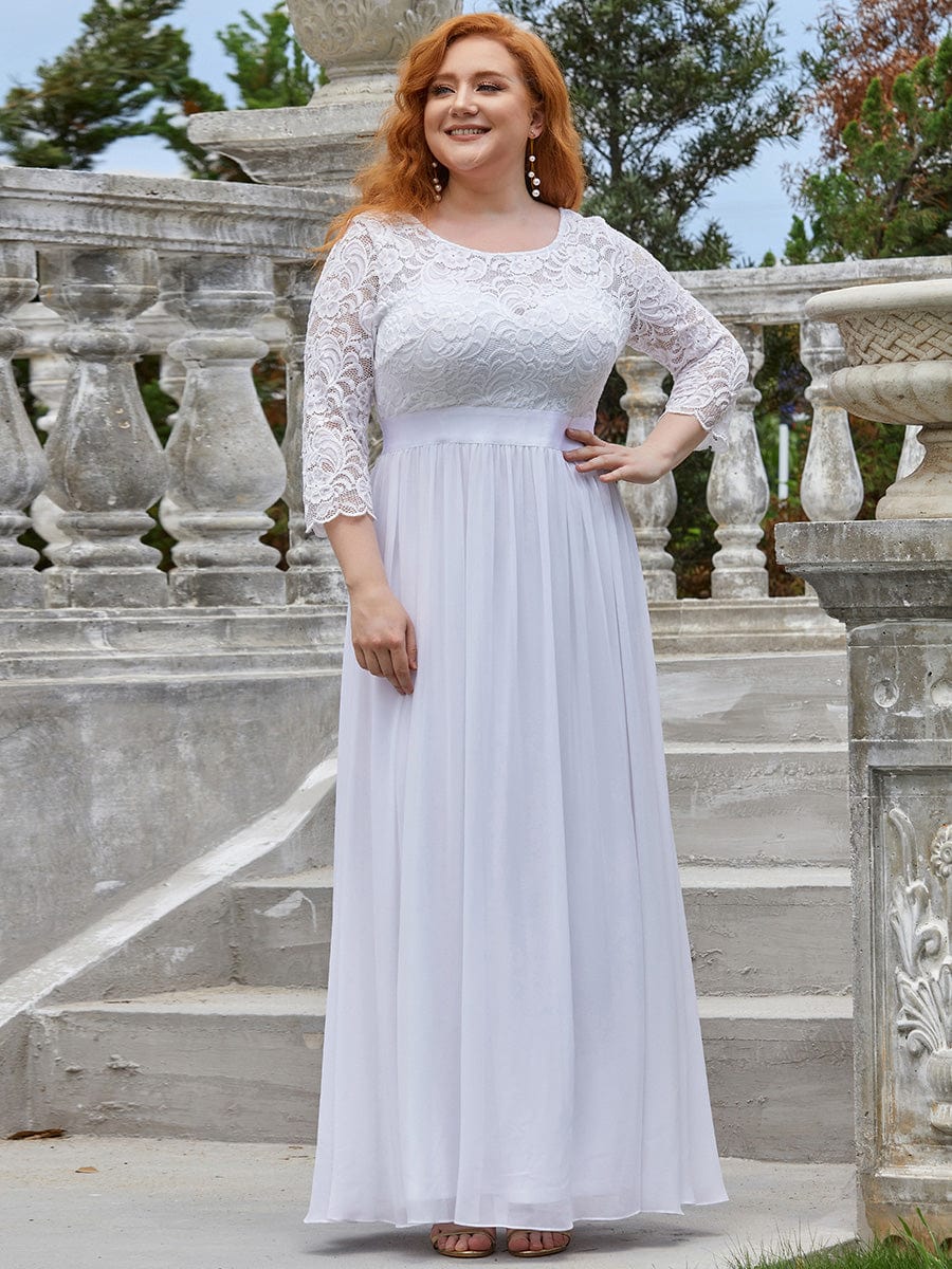 Elegant Round Neck A Line See-Through Lace Evening Dress #color_White