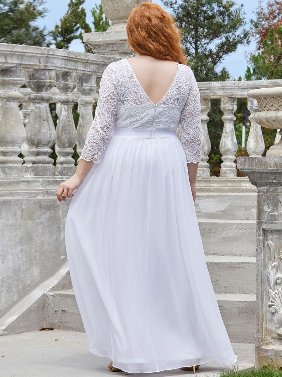 See-Through Floor Length Lace Evening Dress with Half Sleeve #color_White