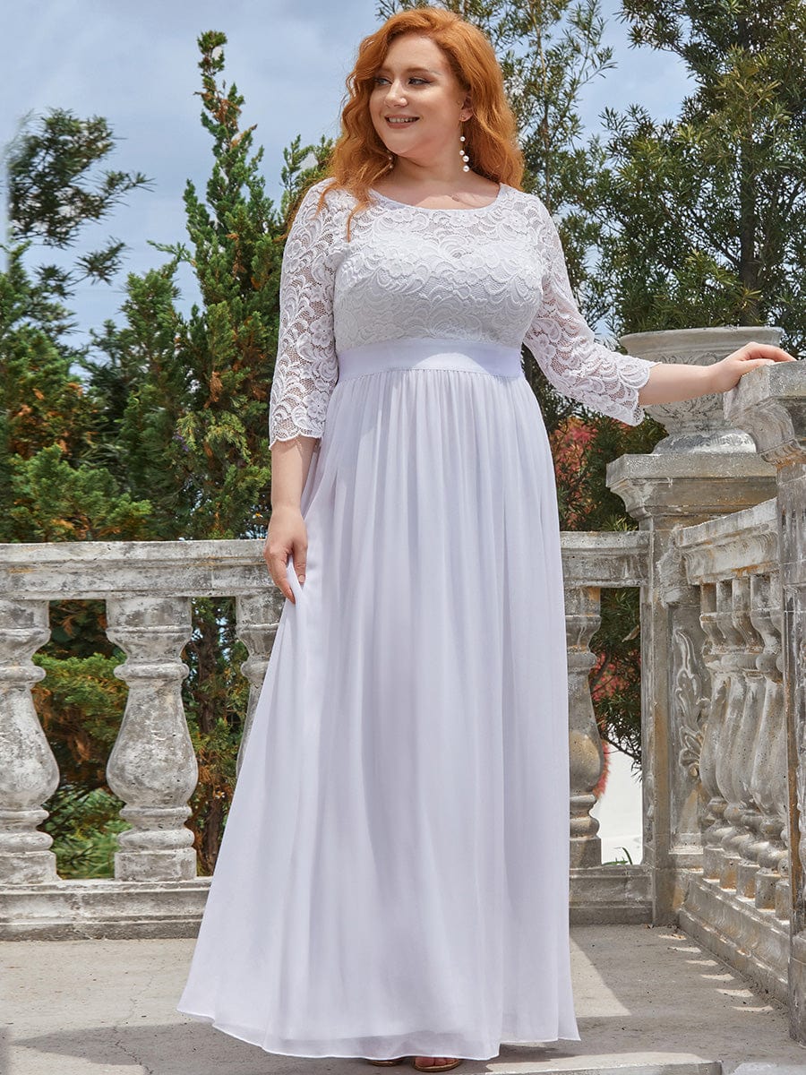 Plus Size See-Through Floor Length Lace Bridesmaid Dress With Half Sleeve #color_White