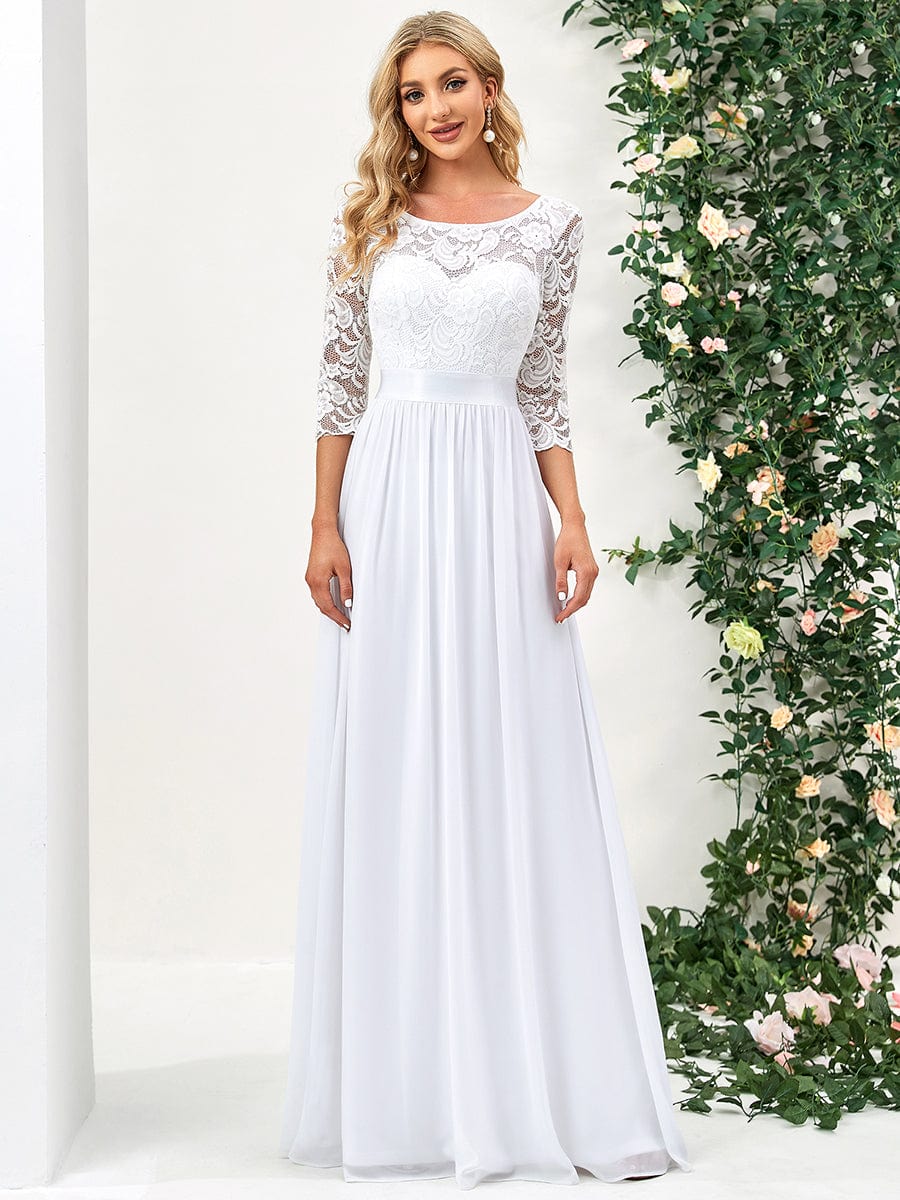 See-Through Floor Length Lace Evening Dress with Half Sleeve #color_White