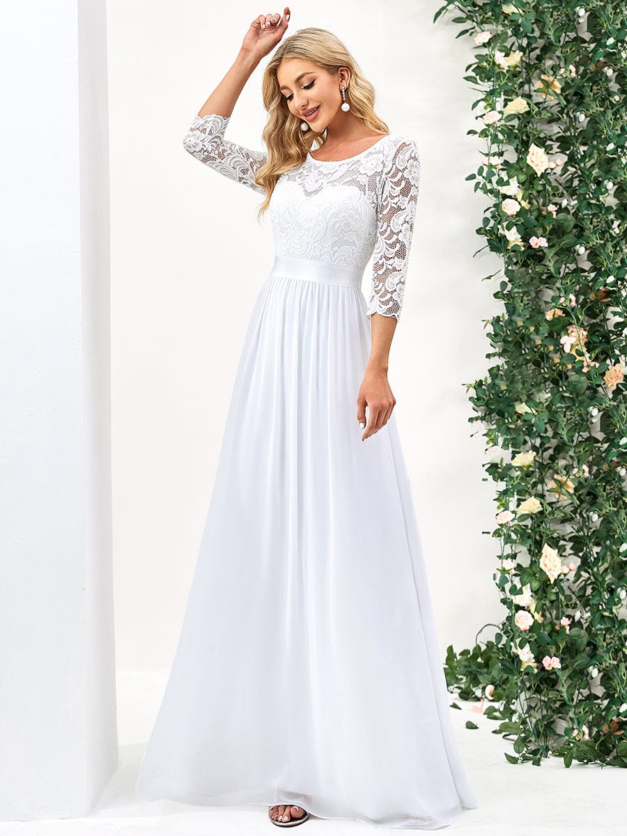 See-Through Floor Length Lace Evening Dress with Half Sleeve #color_White