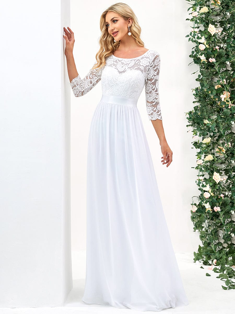 See-Through Floor Length Lace Evening Dress with Half Sleeve #color_White