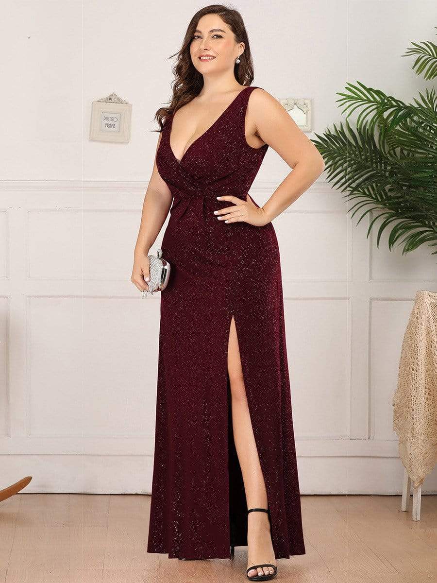 Shiny V Neck Floor Length Plus Size Evening Dresses with Side Split #color_Burgundy