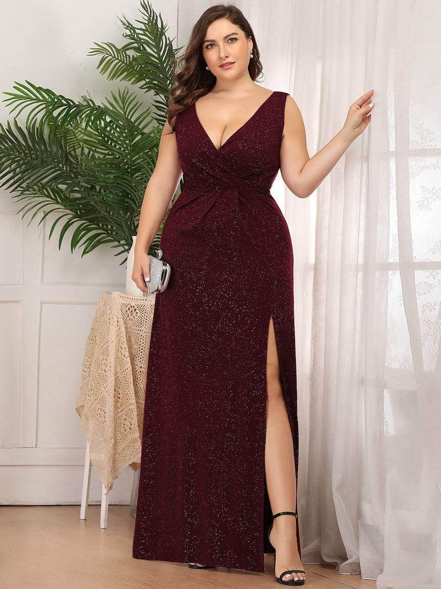 Shiny V Neck Floor Length Plus Size Evening Dresses with Side Split #color_Burgundy