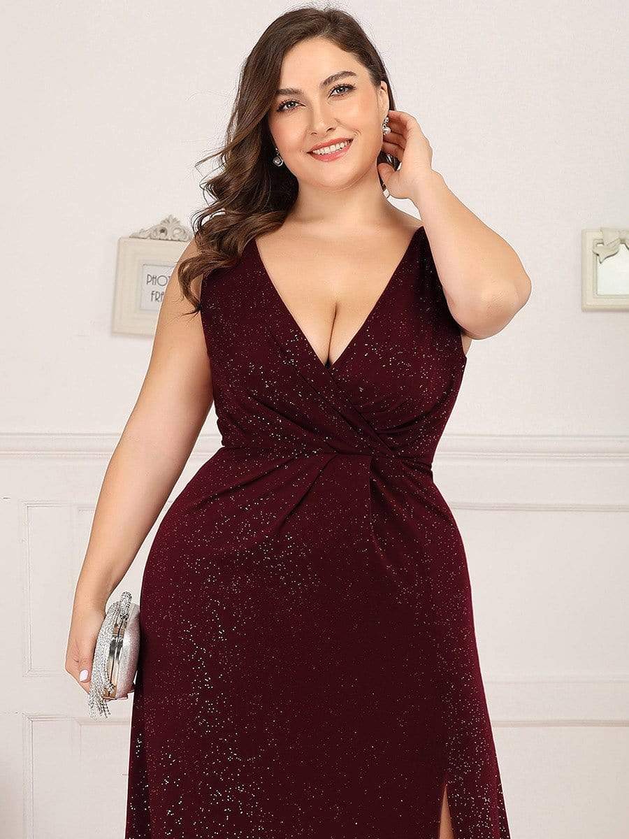 Shiny V Neck Floor Length Plus Size Evening Dresses with Side Split #color_Burgundy