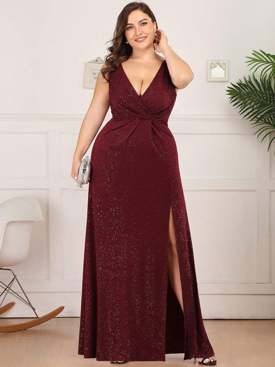 Long V Neck Shimmery Wedding Guest Dress with Side Split #color_Burgundy