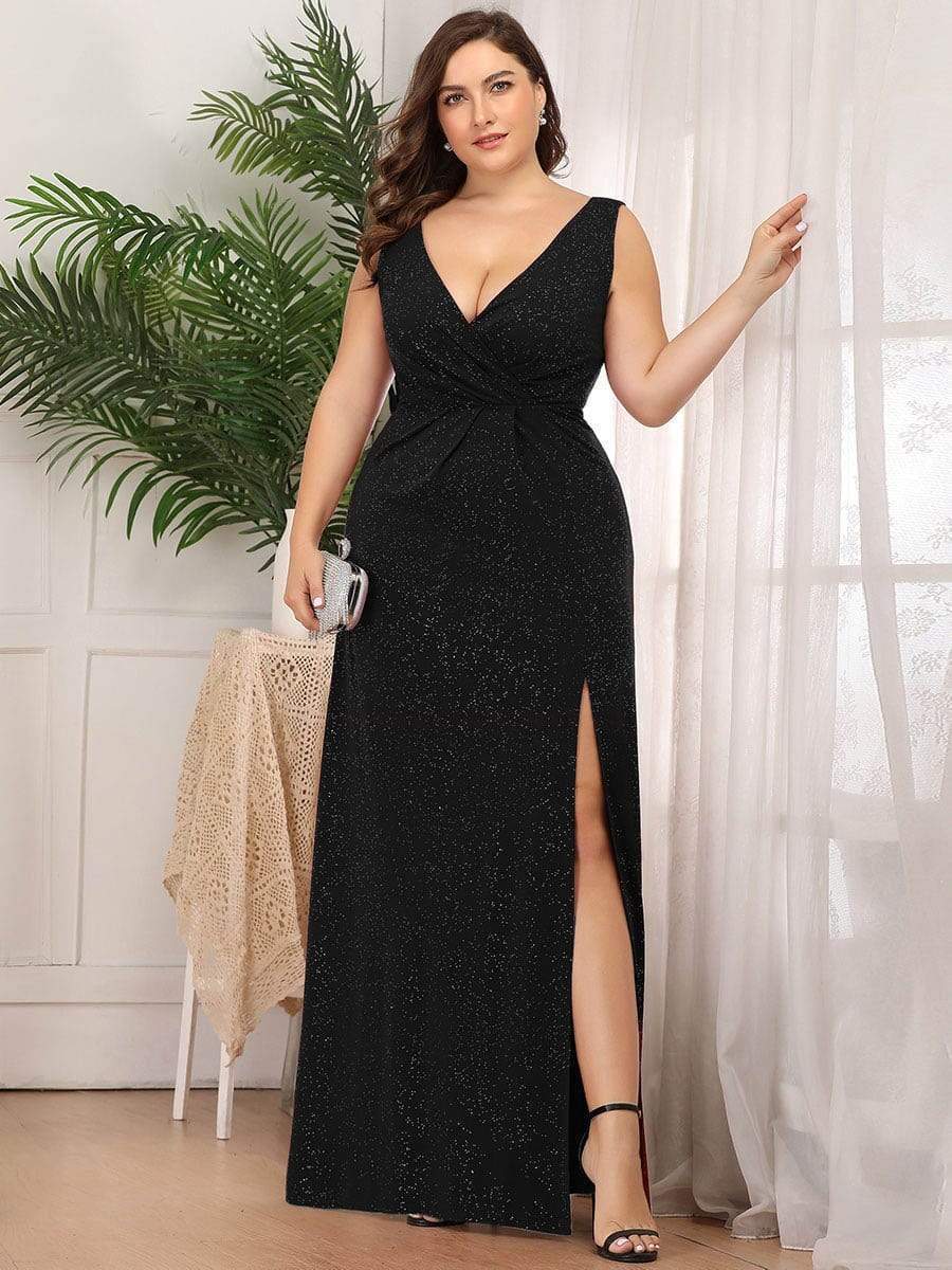 Shiny V Neck Floor Length Plus Size Evening Dresses with Side Split #color_Black