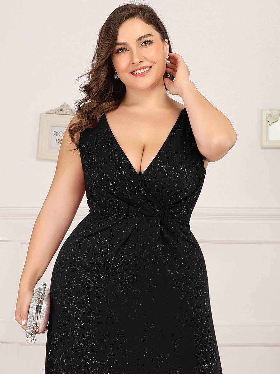 Shiny V Neck Floor Length Plus Size Evening Dresses with Side Split #color_Black