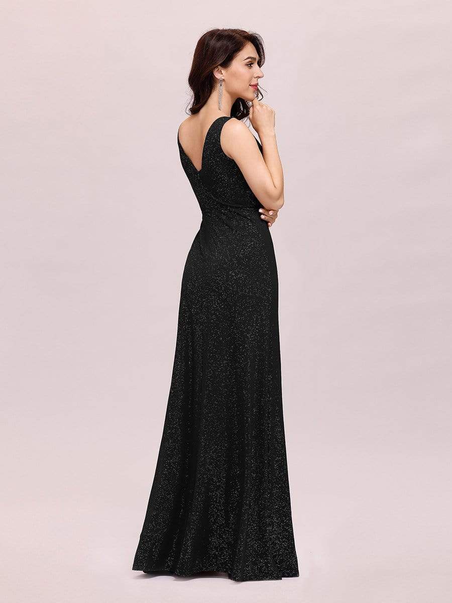 Long V Neck Shimmery Wedding Guest Dress with Side Split #color_Black