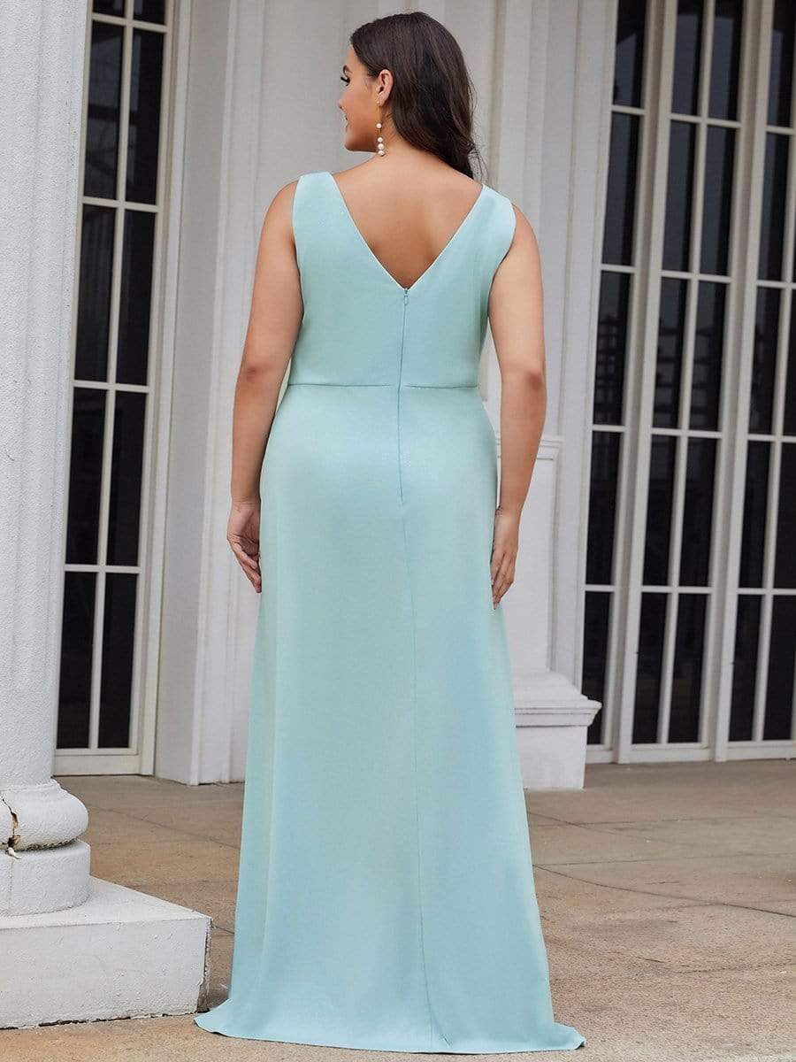 Shiny V Neck Floor Length Plus Size Evening Dresses with Side Split #color_Sky Blue