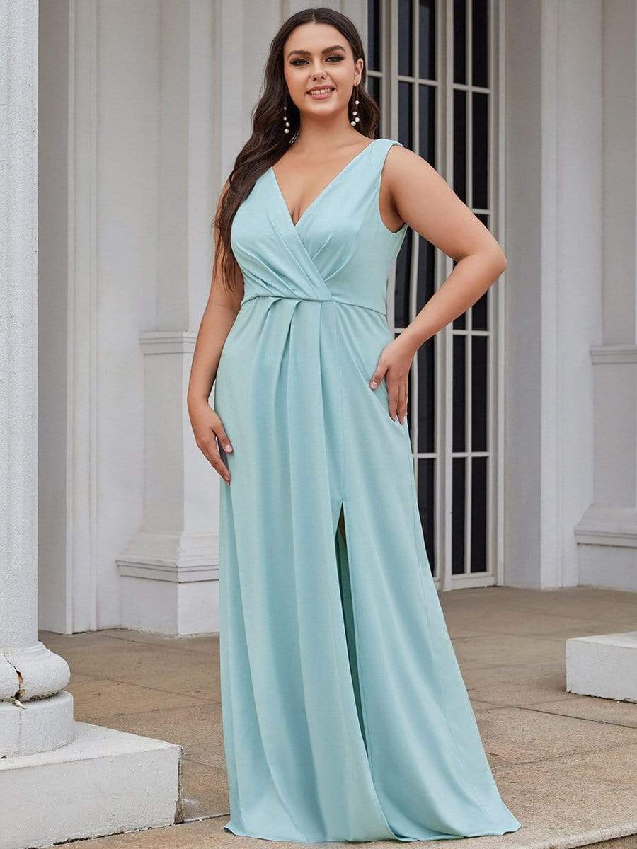 Shiny V Neck Floor Length Plus Size Evening Dresses with Side Split #color_Sky Blue