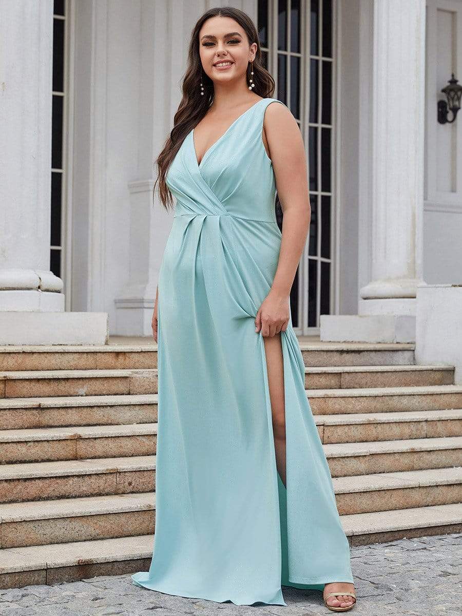 Shiny V Neck Floor Length Plus Size Evening Dresses with Side Split #color_Sky Blue