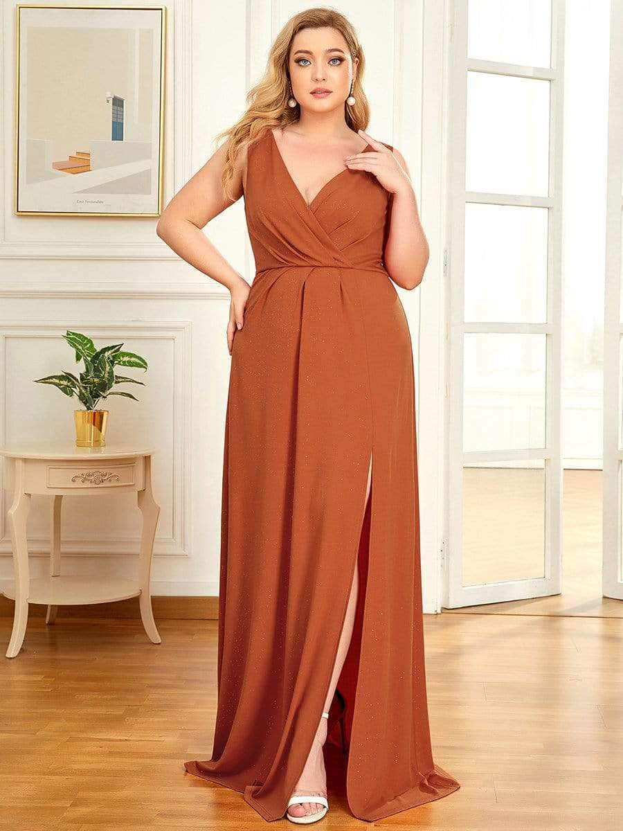 Shiny V Neck Floor Length Plus Size Evening Dresses with Side Split #color_Burnt Orange