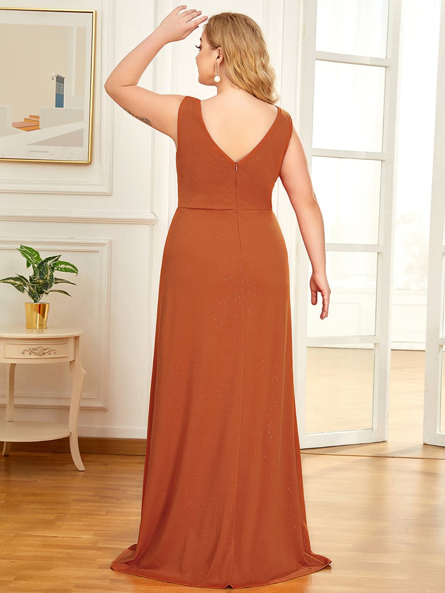 Long V Neck Shimmery Wedding Guest Dress with Side Split #color_Burnt Orange