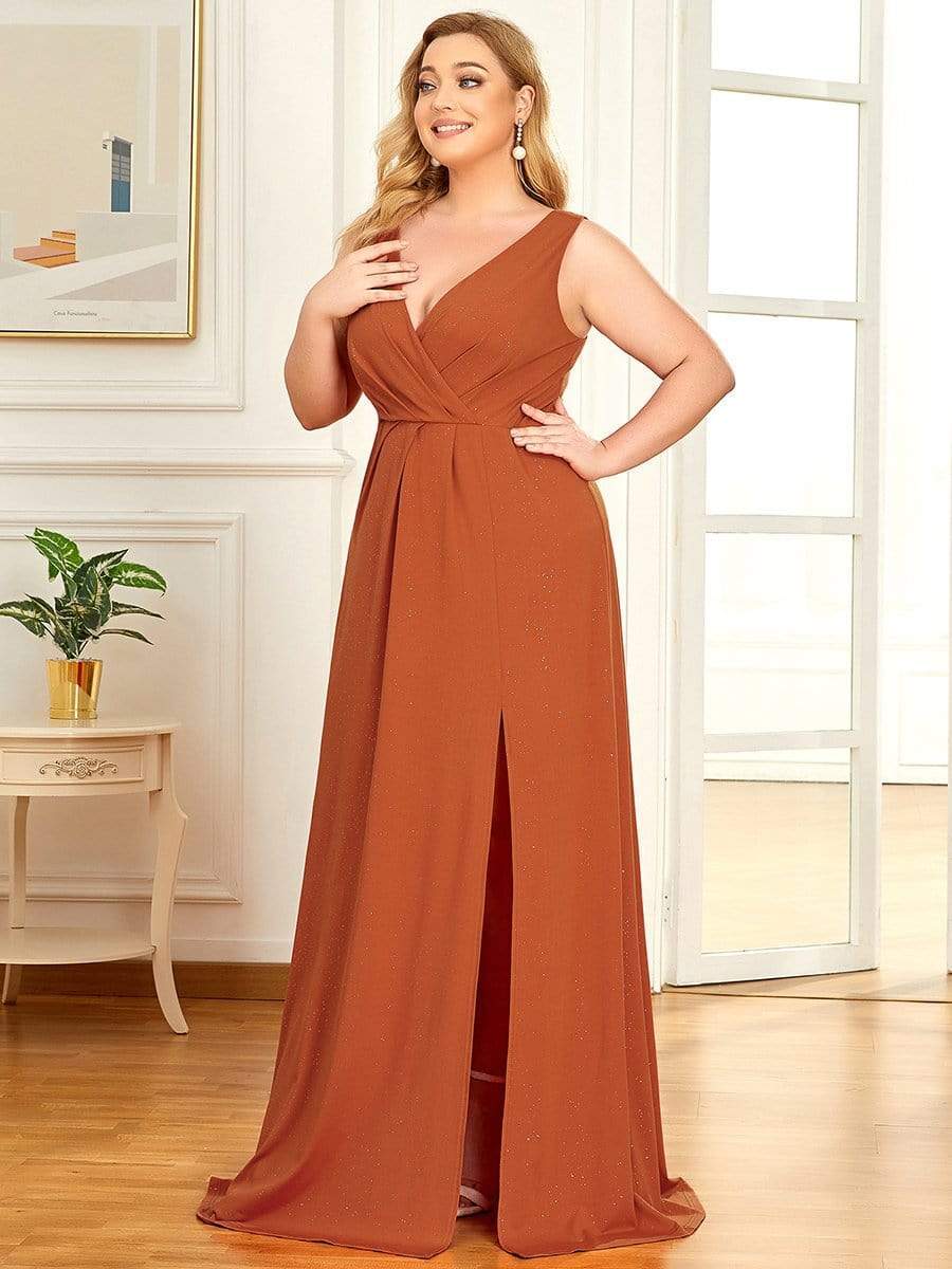 Shiny V Neck Floor Length Plus Size Evening Dresses with Side Split #color_Burnt Orange