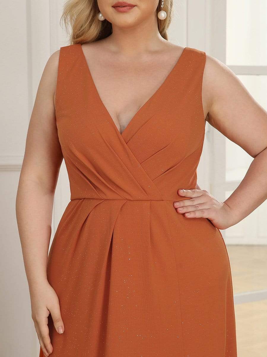 Shiny V Neck Floor Length Plus Size Evening Dresses with Side Split #color_Burnt Orange