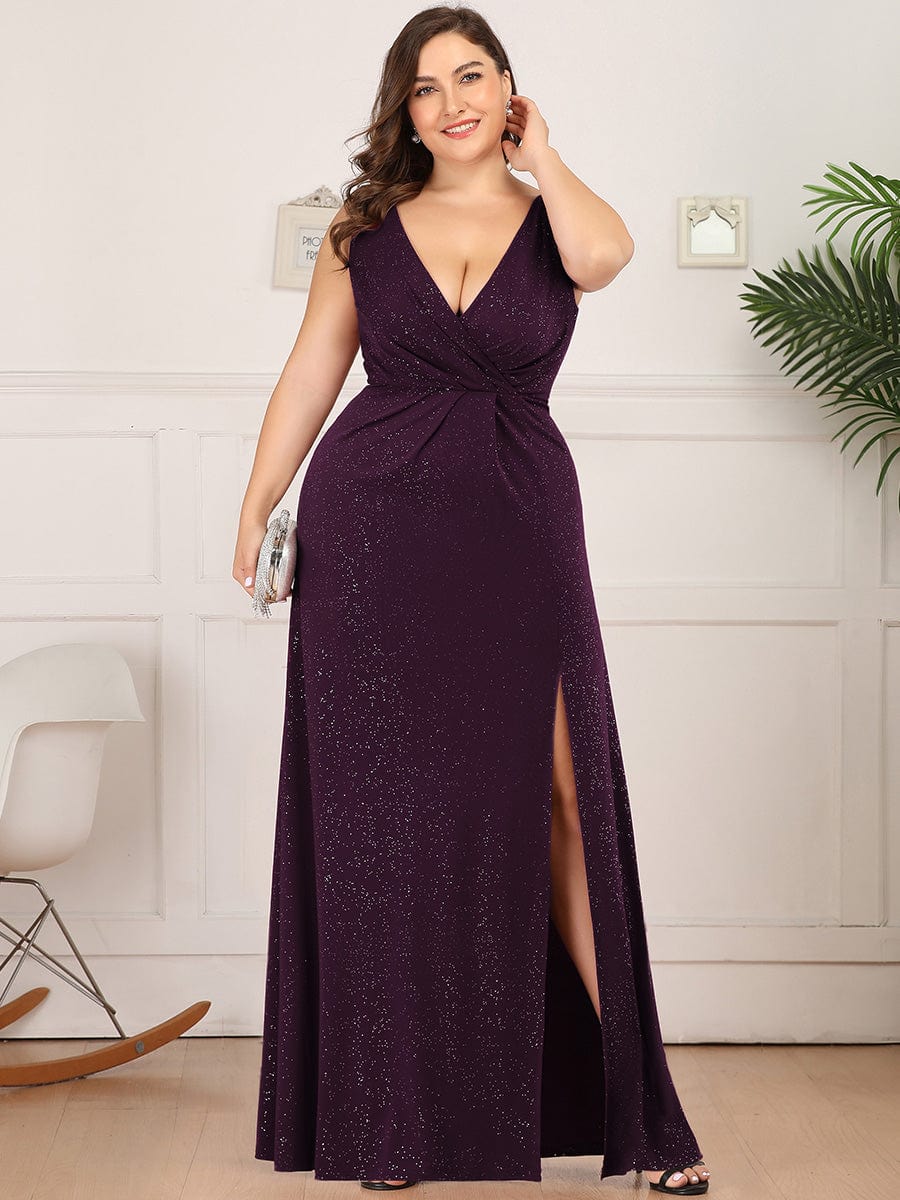 Long V Neck Shimmery Wedding Guest Dress with Side Split #color_Dark Purple