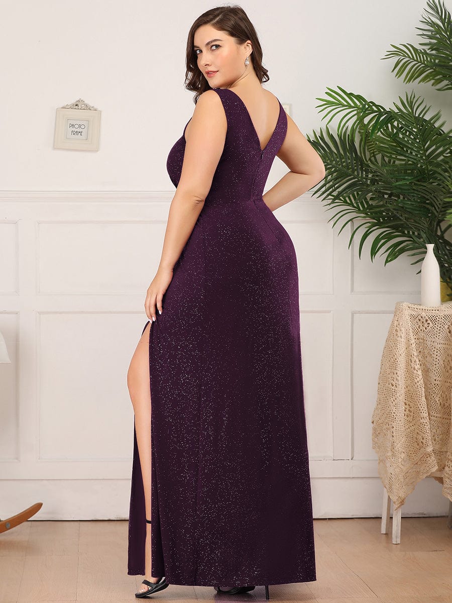 Floor Length V Neck Shimmery Evening Dresses with Side Split #color_Dark Purple