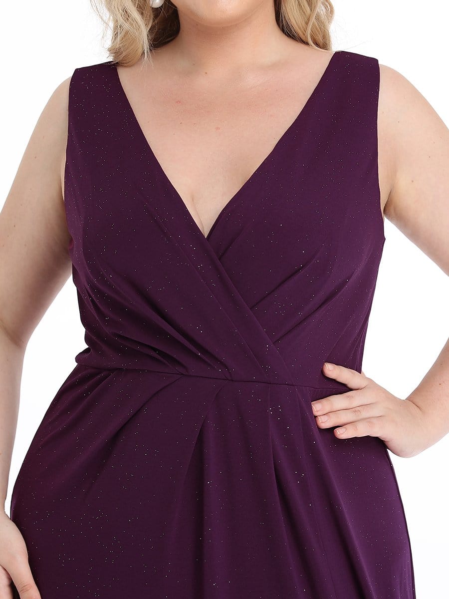 Shiny V Neck Floor Length Plus Size Evening Dresses with Side Split #color_Dark Purple