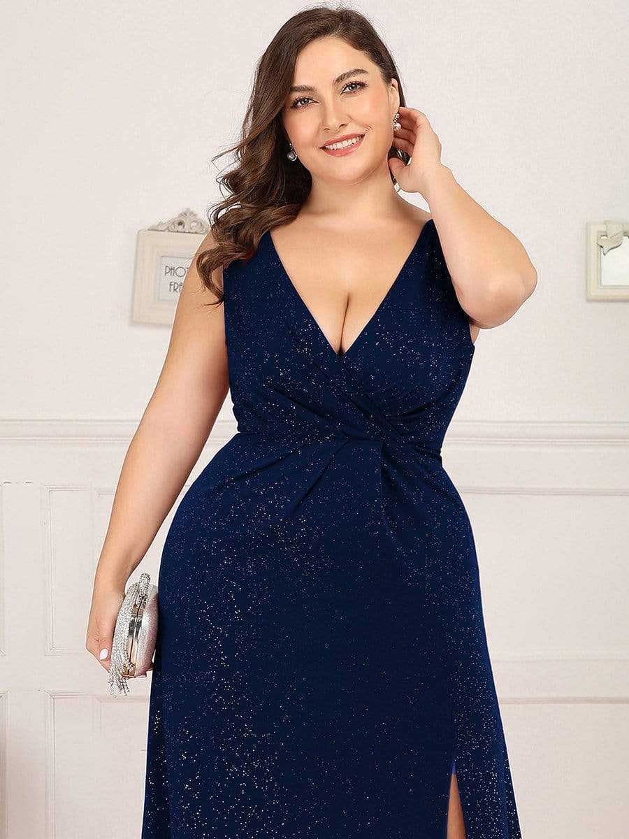 Shiny V Neck Floor Length Plus Size Evening Dresses with Side Split #color_Navy Blue