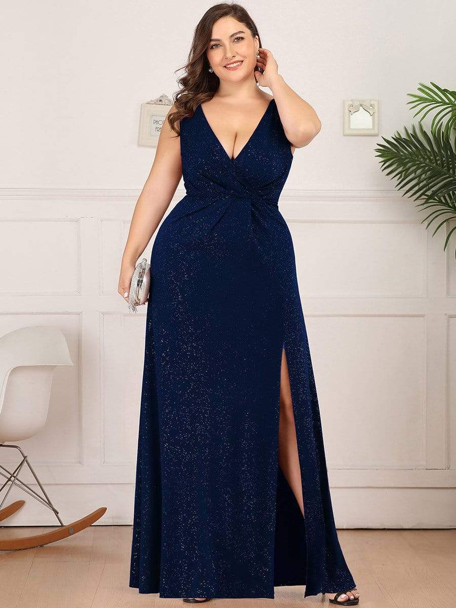 Long V Neck Shimmery Wedding Guest Dress with Side Split #color_Navy Blue