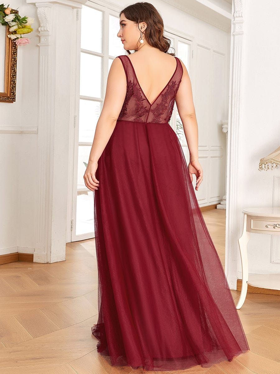 Custom Size Elegant Sleeveless Applique Flowy Tulle Evening Dress #color_Burgundy