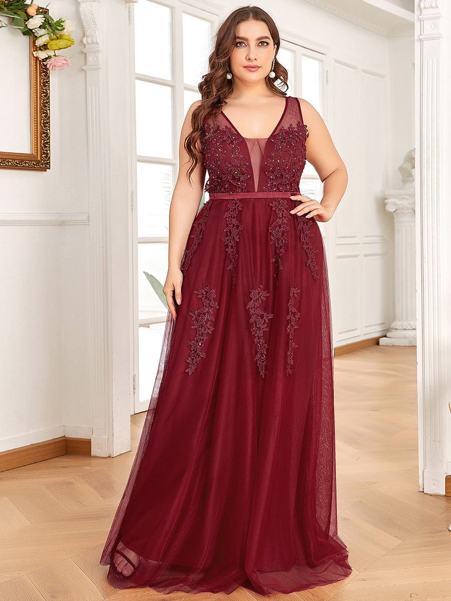 Plus Size Elegant Sleeveless Applique Flowy Tulle Evening Dress #color_Burgundy