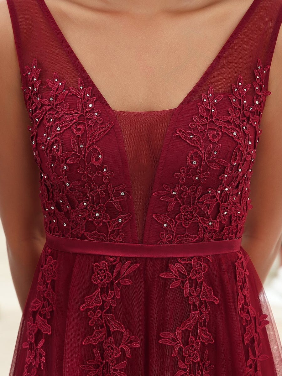 Elegant Sleeveless Applique Flowy Tulle Evening Dress #color_Burgundy