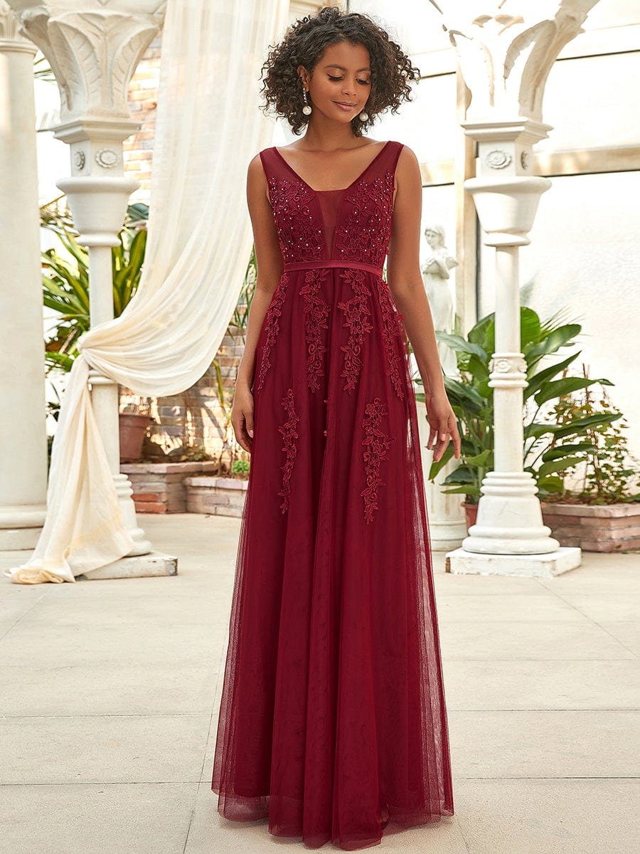 Elegant Sleeveless Applique Flowy Tulle Evening Dress #color_Burgundy