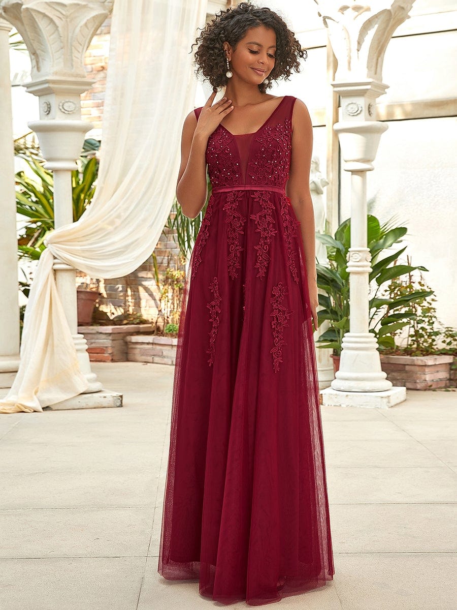 Elegant Sleeveless Applique Flowy Tulle Evening Dress #color_Burgundy