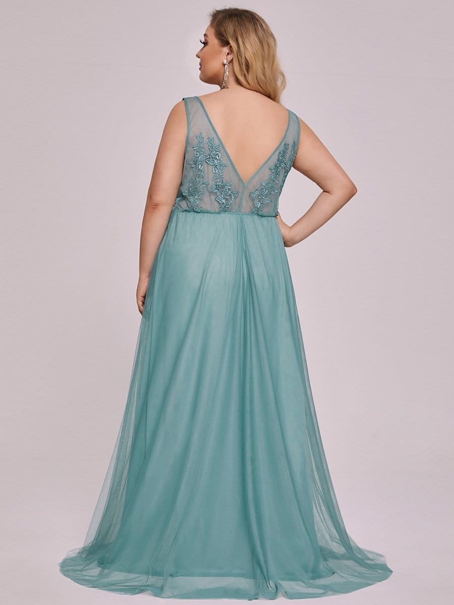 Plus Size Elegant Sleeveless Applique Flowy Tulle Evening Dress #color_Dusty Blue