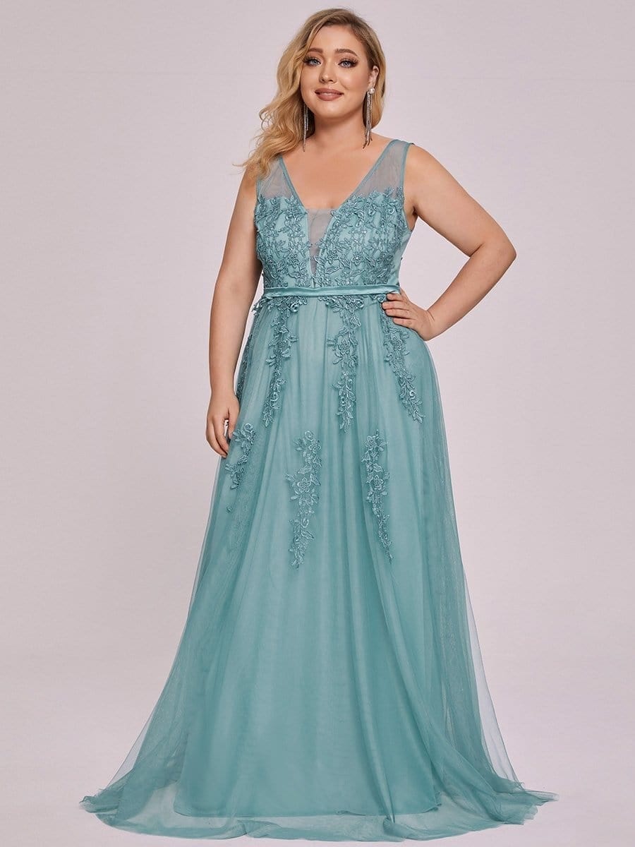 Plus Size Elegant Sleeveless Applique Flowy Tulle Evening Dress #color_Dusty Blue