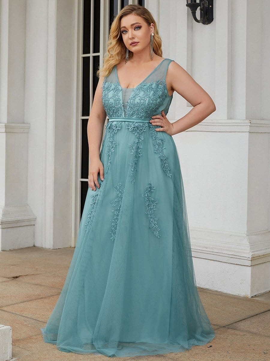 Plus Size Elegant Sleeveless Applique Flowy Tulle Evening Dress #color_Dusty Blue