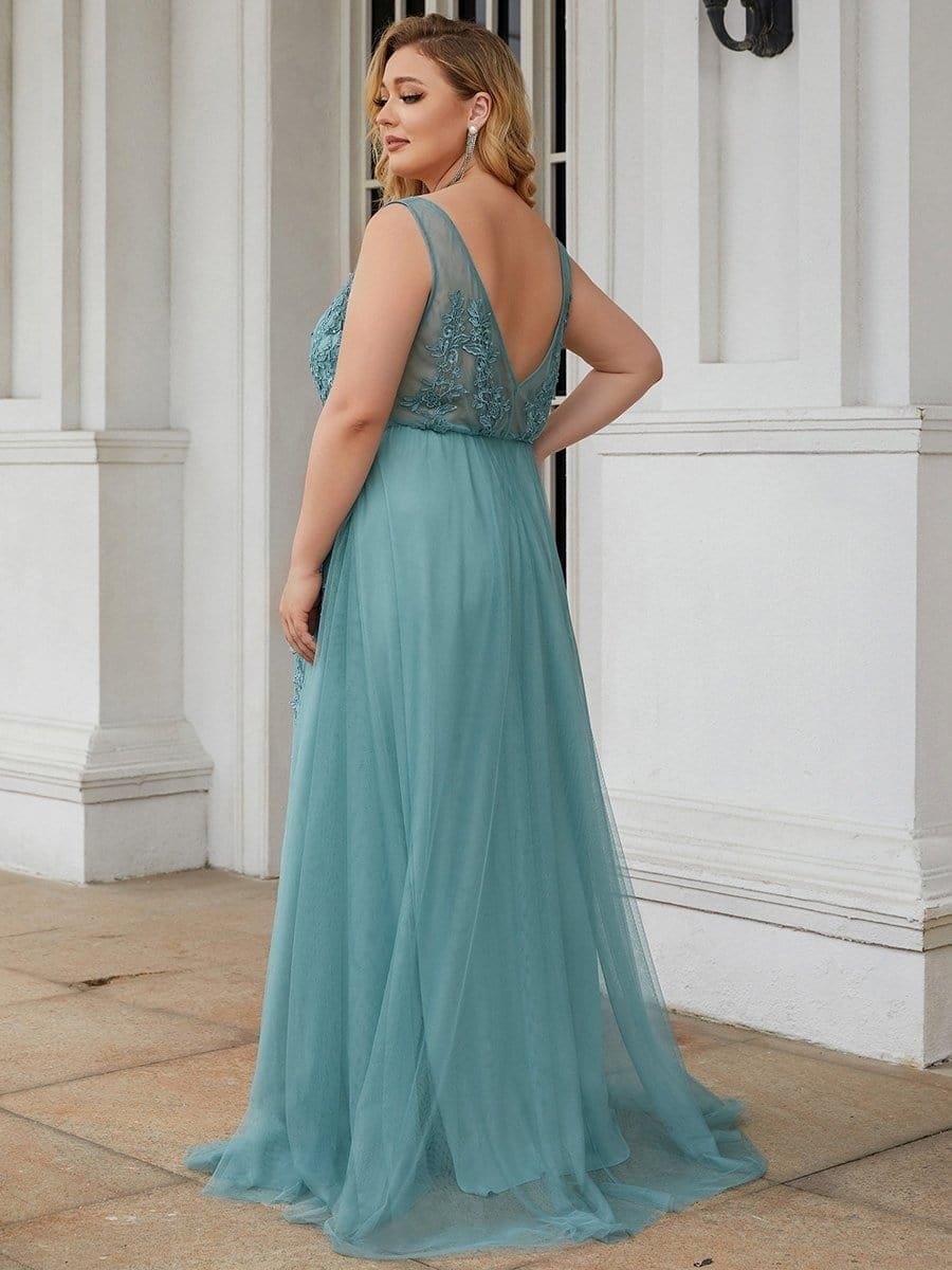 Plus Size Elegant Sleeveless Applique Flowy Tulle Evening Dress #color_Dusty Blue
