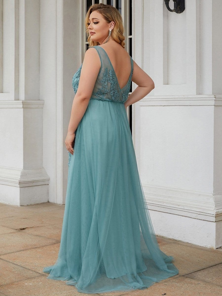 Elegant Sleeveless Applique Flowy Tulle Evening Dress #color_Dusty Blue