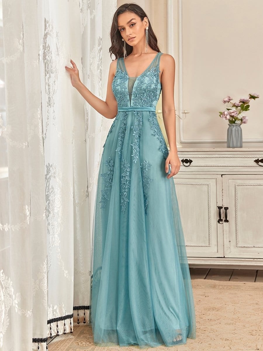 Elegant Sleeveless Applique Flowy Tulle Evening Dress #color_Dusty Blue