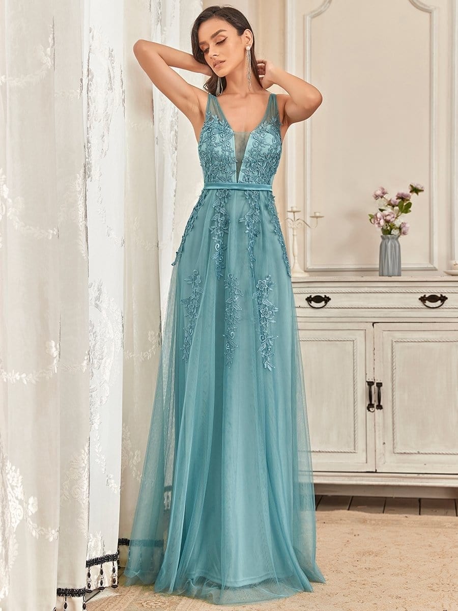 Elegant Sleeveless Applique Flowy Tulle Evening Dress #color_Dusty Blue