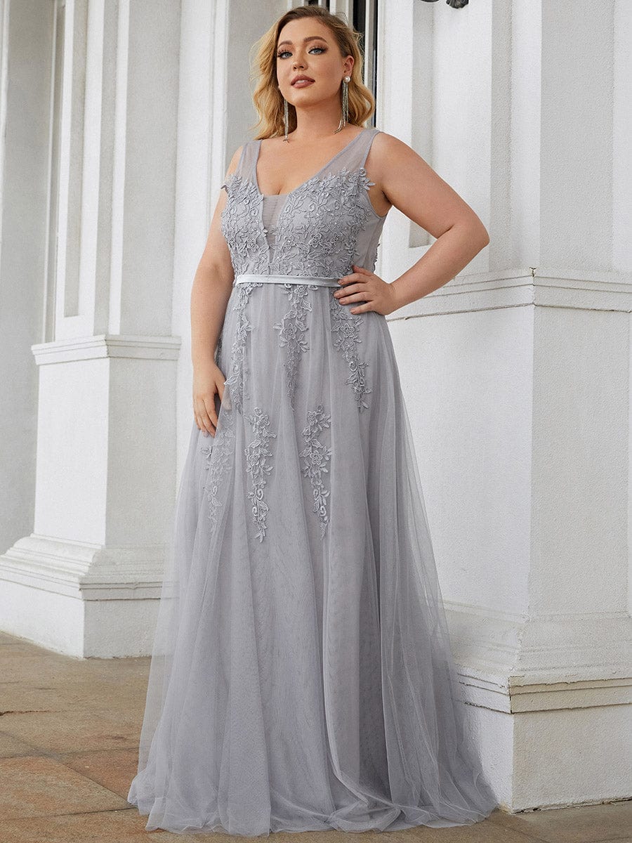 Custom Size Elegant Sleeveless Applique Flowy Tulle Evening Dress #color_Grey