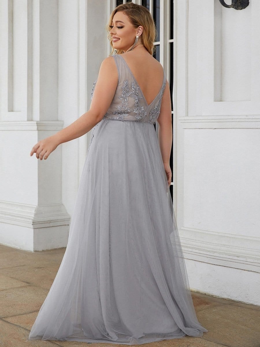 Elegant Sleeveless Applique Flowy Tulle Evening Dress #color_Grey